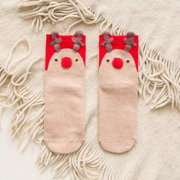 Socks cotton red reindeer 1pr Christmas red cute red nose holidays sock - Picture 2 of 4